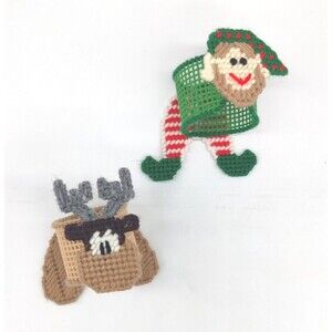 Vintage Christmas Holiday Napkin Rings Plastic Canvas Needlepoint Elf & Reindeer